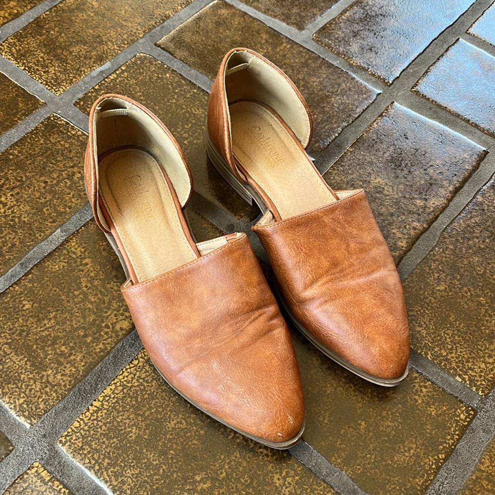 Catherine Malandrino Alaney Cognac Faux Leather Slip-On Side Cut Out Flats